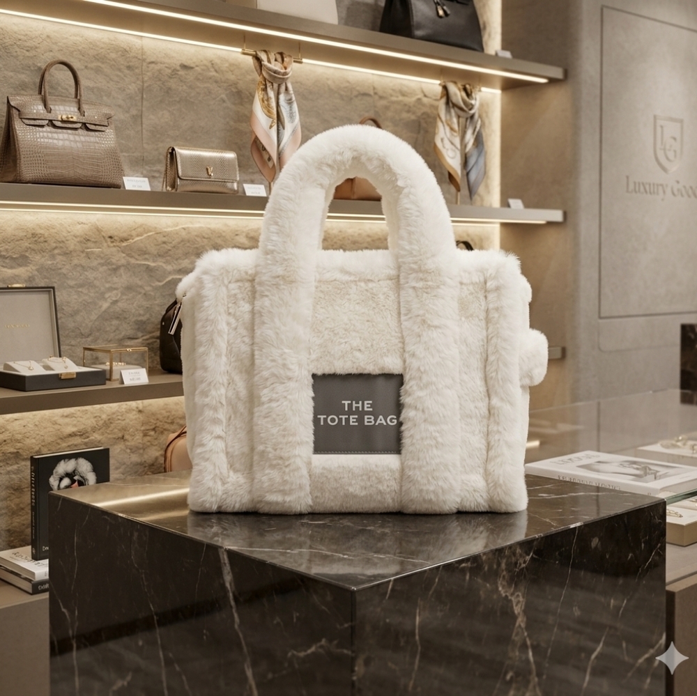 New White Luxury Elegant Faux Fur Plush Tote Bag